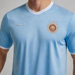 A light blue soccer jersey with intricate detailing