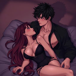 A semi-realistic illustration of a romantic scene featuring a long, burgundy-haired girl in black lingerie lying on a bed