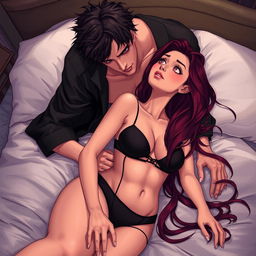 A semi-realistic illustration of a romantic scene featuring a long, burgundy-haired girl in black lingerie lying on a bed