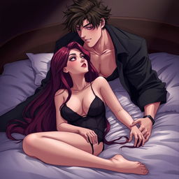 A semi-realistic illustration of a romantic scene featuring a long, burgundy-haired girl in black lingerie lying on a bed