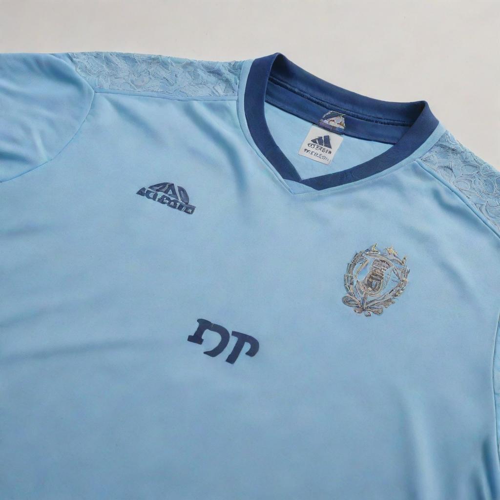 A light blue soccer jersey with intricate detailing