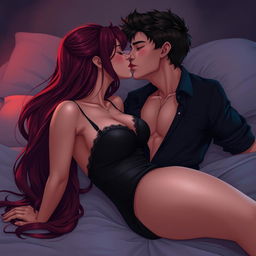 A semi-realistic illustration of a romantic scene featuring two people kissing