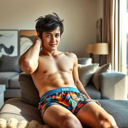 A young man with tousled dark hair, reminiscent of a young actor known for his charming persona, is lounging casually in a stylish, modern living room