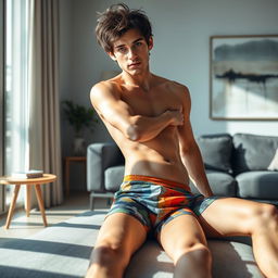 A young man with tousled dark hair, reminiscent of a young actor known for his charming persona, is lounging casually in a stylish, modern living room