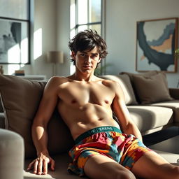 A young man with tousled dark hair, reminiscent of a young actor known for his charming persona, is lounging casually in a stylish, modern living room