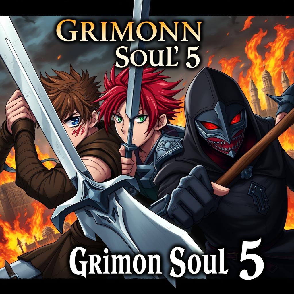 A dark fantasy anime cover titled "Grimon Soul 5", depicting three 18-year-old boys in a fierce and angry battle