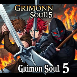 A dark fantasy anime cover titled "Grimon Soul 5", depicting three 18-year-old boys in a fierce and angry battle