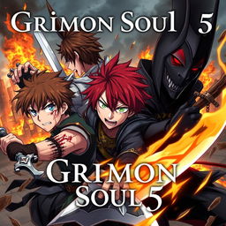 A dark fantasy anime cover titled "Grimon Soul 5", depicting three 18-year-old boys in a fierce and angry battle