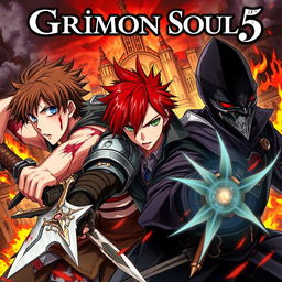 A dark fantasy anime cover titled "Grimon Soul 5", depicting three 18-year-old boys in a fierce and angry battle