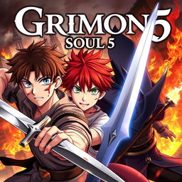 A dark fantasy anime cover titled "Grimon Soul 5", depicting three 18-year-old boys in a fierce and angry battle