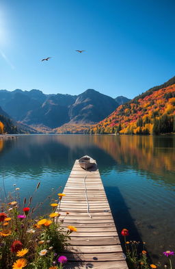 A serene landscape featuring a tranquil lake surrounded by majestic mountains under a clear blue sky