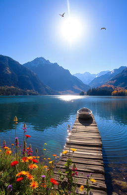 A serene landscape featuring a tranquil lake surrounded by majestic mountains under a clear blue sky