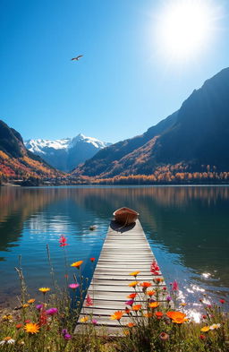 A serene landscape featuring a tranquil lake surrounded by majestic mountains under a clear blue sky