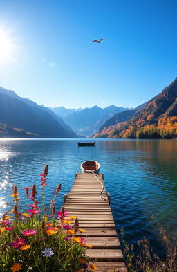 A serene landscape featuring a tranquil lake surrounded by majestic mountains under a clear blue sky