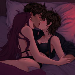 A semi-realistic illustration of a romantic scene where a long burgundy-haired girl in black lingerie is lying down in bed, engaged in a passionate kiss with a dark brown-haired guy who has tousled hair, wearing an open black shirt