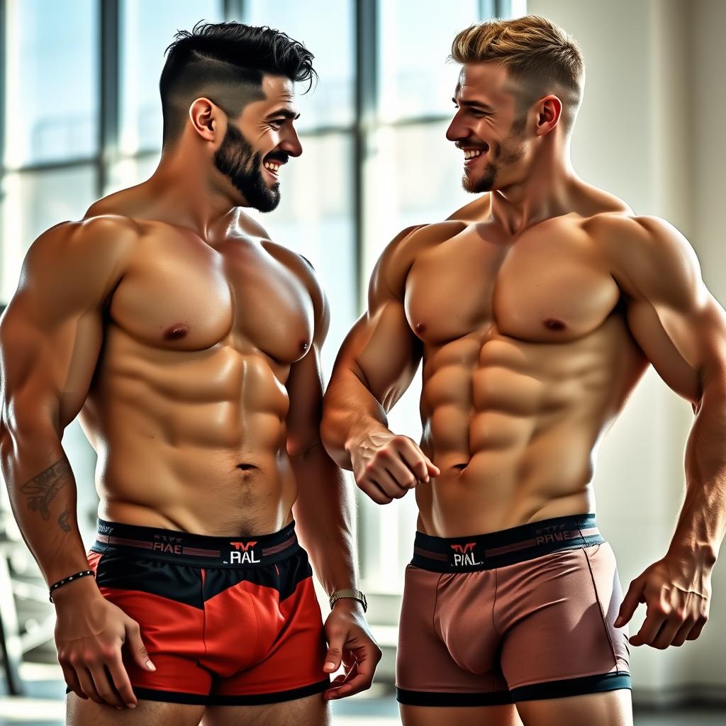 Two muscular men in a dynamic pose, wearing only colorful boxers, showcasing their well-defined physiques