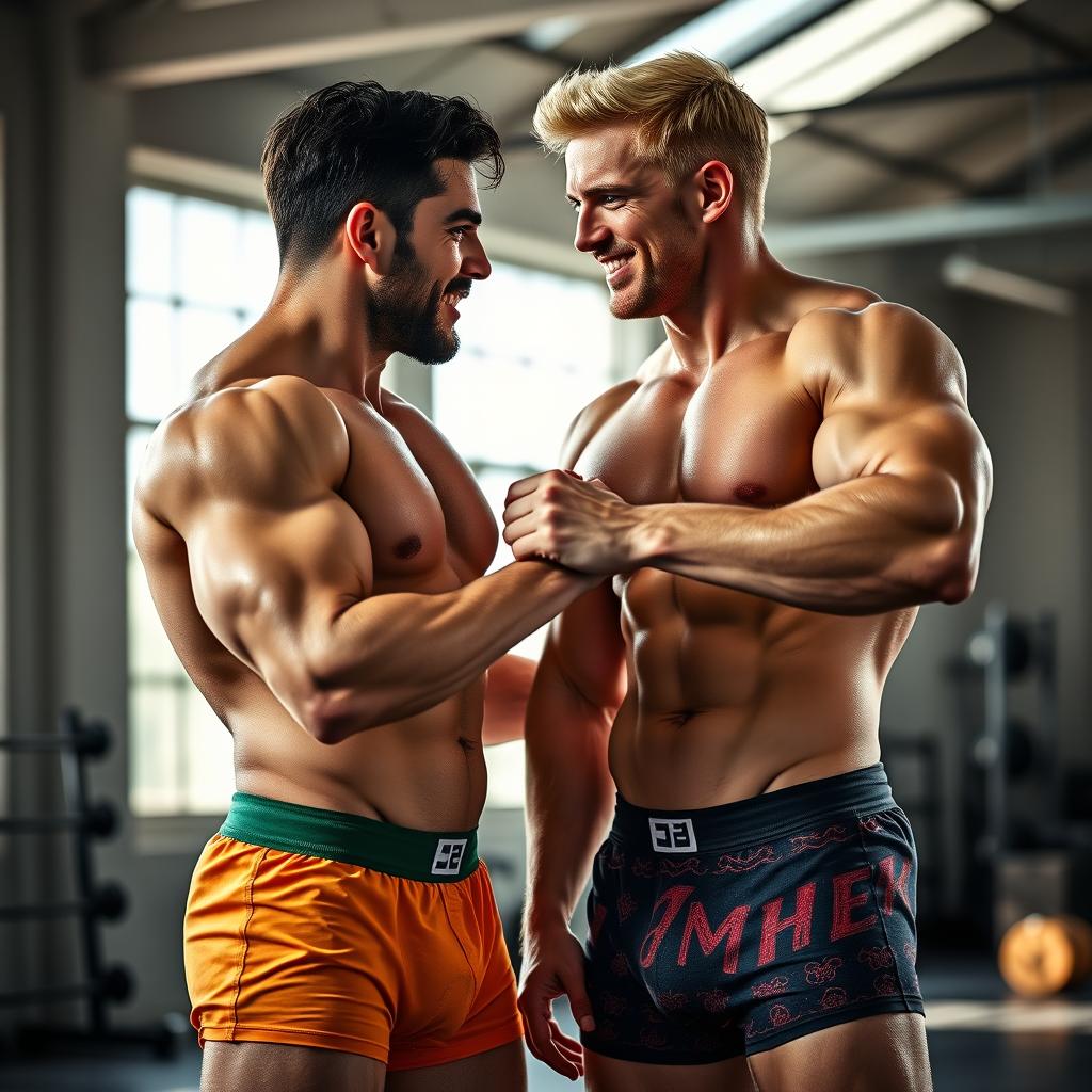 Two muscular men in a dynamic pose, wearing only colorful boxers, showcasing their well-defined physiques