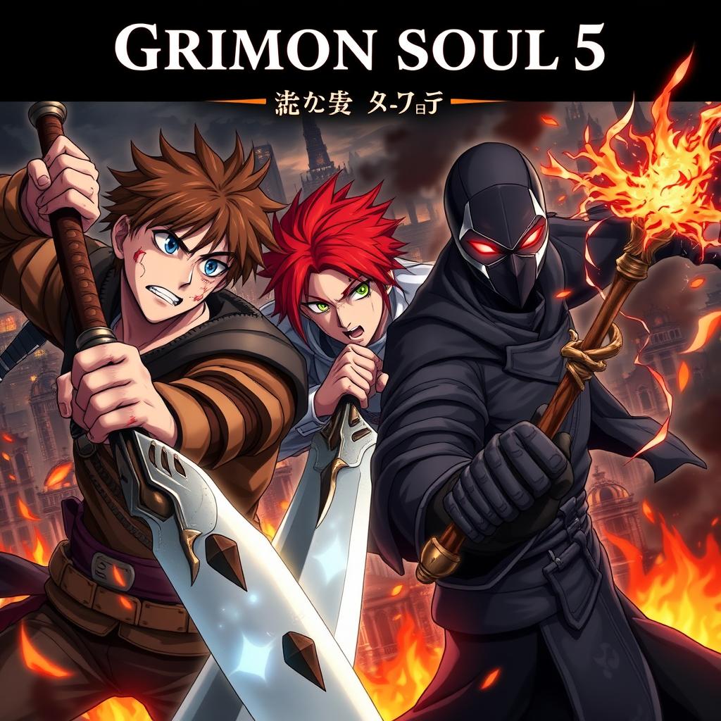 A dark fantasy anime cover titled "Grimon Soul 5", showcasing three 18-year-old boys locked in an intense and angry battle