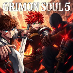 A dark fantasy anime cover titled "Grimon Soul 5", showcasing three 18-year-old boys locked in an intense and angry battle