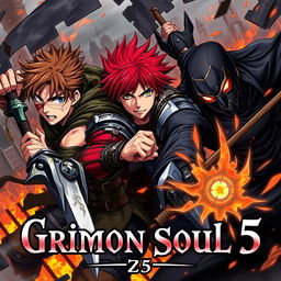 A dark fantasy anime cover titled "Grimon Soul 5", showcasing three 18-year-old boys locked in an intense and angry battle