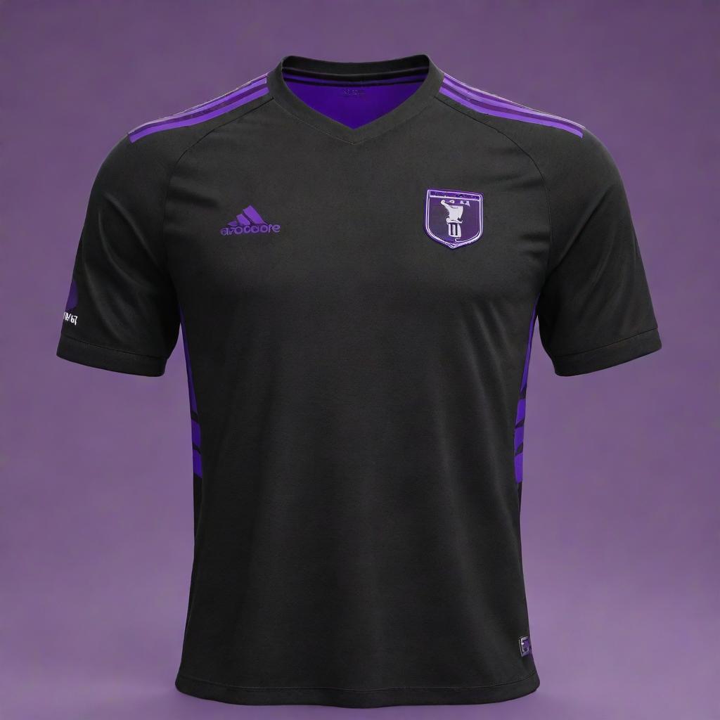 A black soccer jersey with diagonal purple stripes