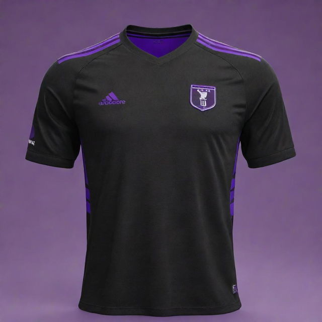 A black soccer jersey with diagonal purple stripes