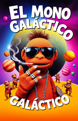 A vibrant music album cover featuring a brown-colored puppet in the center, wearing black sunglasses and holding a cigarette that emits smoke from its mouth