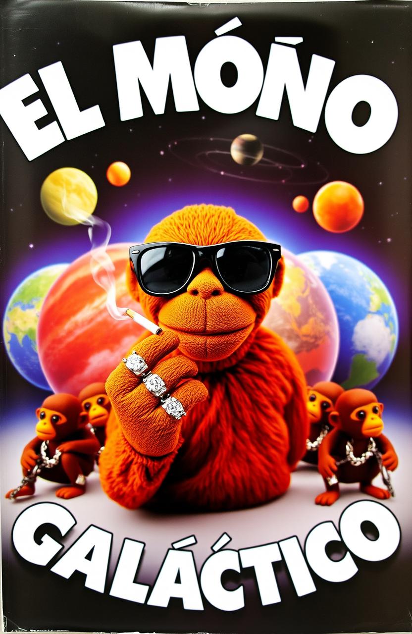 A vibrant music album cover featuring a brown-colored puppet in the center, wearing black sunglasses and holding a cigarette that emits smoke from its mouth