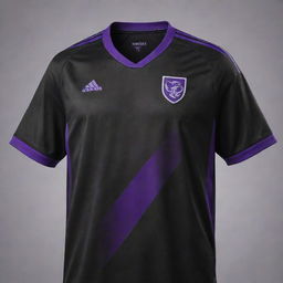 A black soccer jersey with diagonal purple stripes