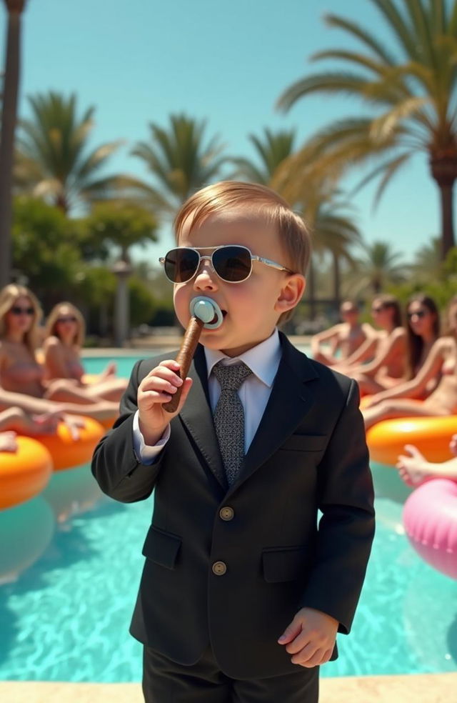 A toddler dressed in a sleek black suit with a stylish tie, holding a Cuban cigar in one hand and a pacifier in the other, wearing trendy pilot sunglasses