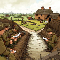 An illustration depicting everyday life during the First World War, showcasing both frontline soldiers and those in the rear lines