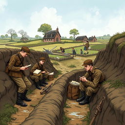 An illustration depicting everyday life during the First World War, showcasing both frontline soldiers and those in the rear lines