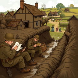 An illustration depicting everyday life during the First World War, showcasing both frontline soldiers and those in the rear lines