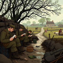 An illustration depicting everyday life during the First World War, showcasing both frontline soldiers and those in the rear lines