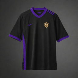 A black soccer jersey with diagonal purple stripes