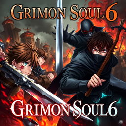 A dark anime cover for the title 'Grimon Soul 6', featuring three 18-year-old boys in an intense battle scene