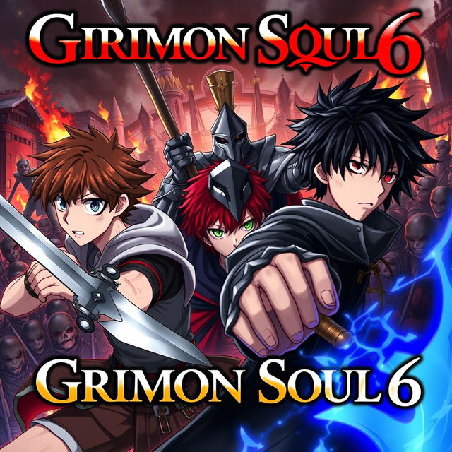 A dark anime cover for the title 'Grimon Soul 6', featuring three 18-year-old boys in an intense battle scene