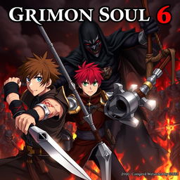 A dark anime cover for the title 'Grimon Soul 6', featuring three 18-year-old boys in an intense battle scene