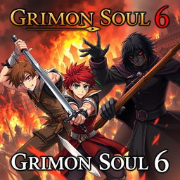 A dark anime cover for the title 'Grimon Soul 6', featuring three 18-year-old boys in an intense battle scene