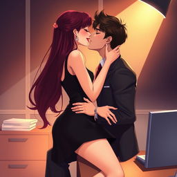 A semi-realistic illustration capturing a romantic and intimate scene of two people kissing from a profile view