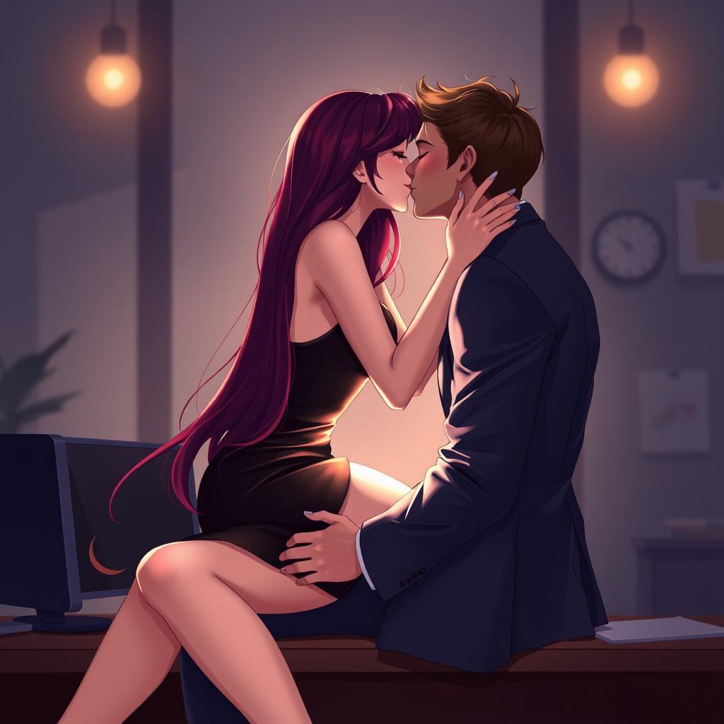 A semi-realistic illustration capturing a romantic and intimate scene of two people kissing from a profile view