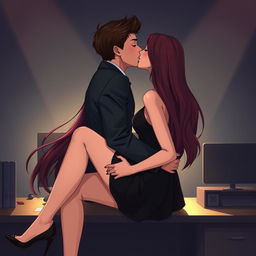 A semi-realistic illustration capturing a romantic and intimate scene of two people kissing from a profile view