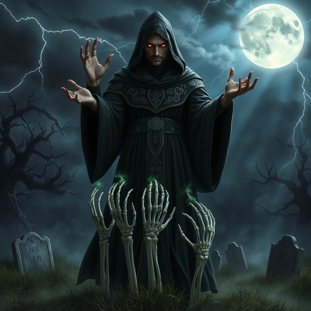 A powerful necromancer standing in a dark, misty graveyard under a stormy night sky