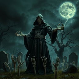 A powerful necromancer standing in a dark, misty graveyard under a stormy night sky