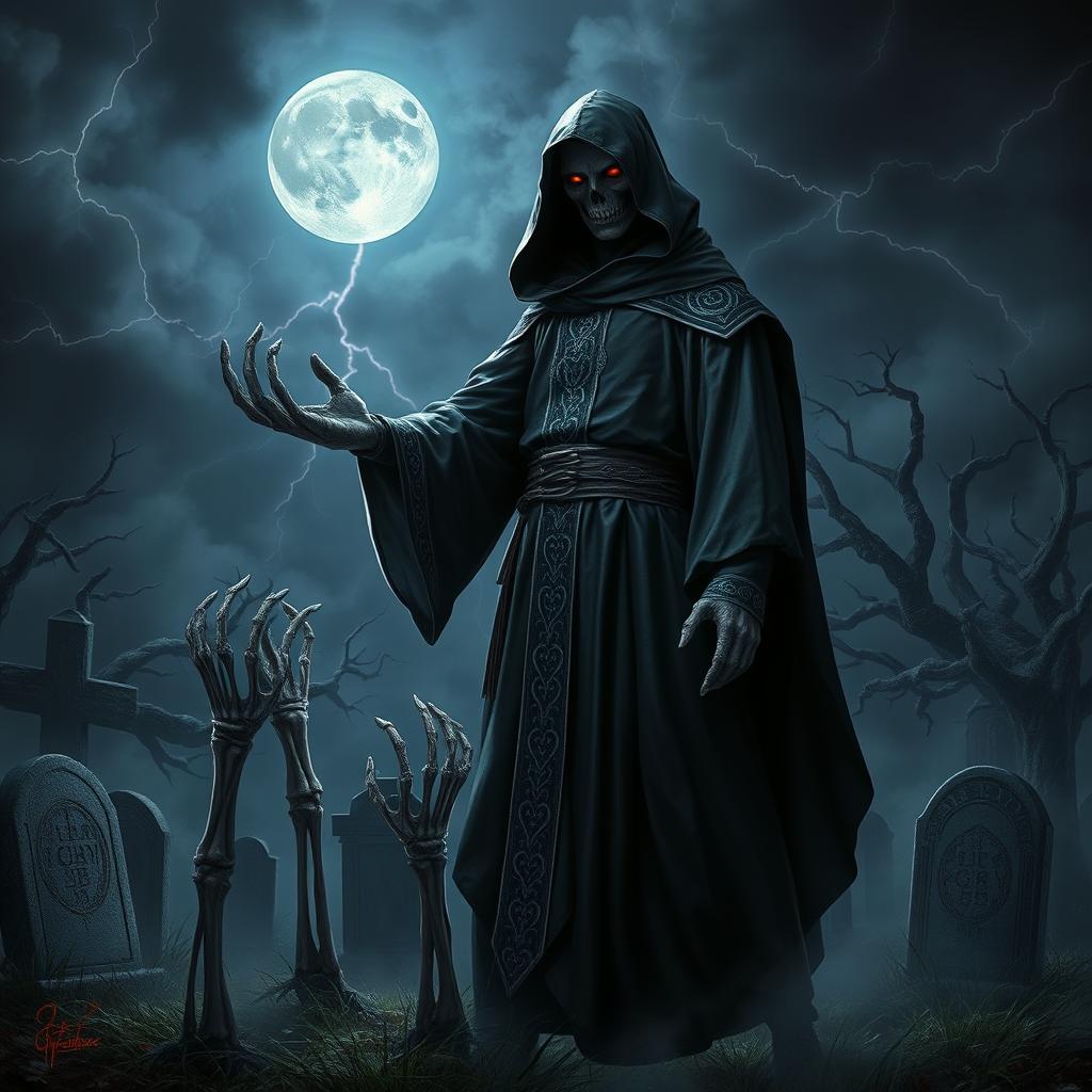 A powerful necromancer standing in a dark, misty graveyard under a stormy night sky