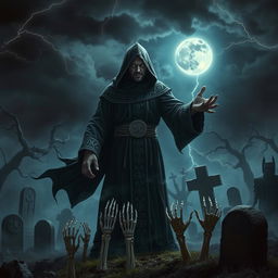 A powerful necromancer standing in a dark, misty graveyard under a stormy night sky