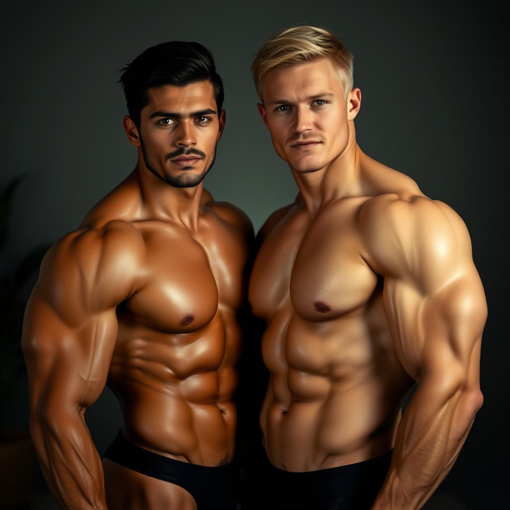 Two muscular men in a bold and confident pose, showcasing their impressive physiques in a full nude setting