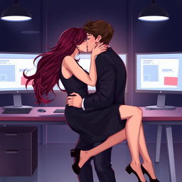 A semi-realistic illustration of two young adults kissing in profile view