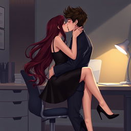 A semi-realistic illustration of two young adults kissing in profile view