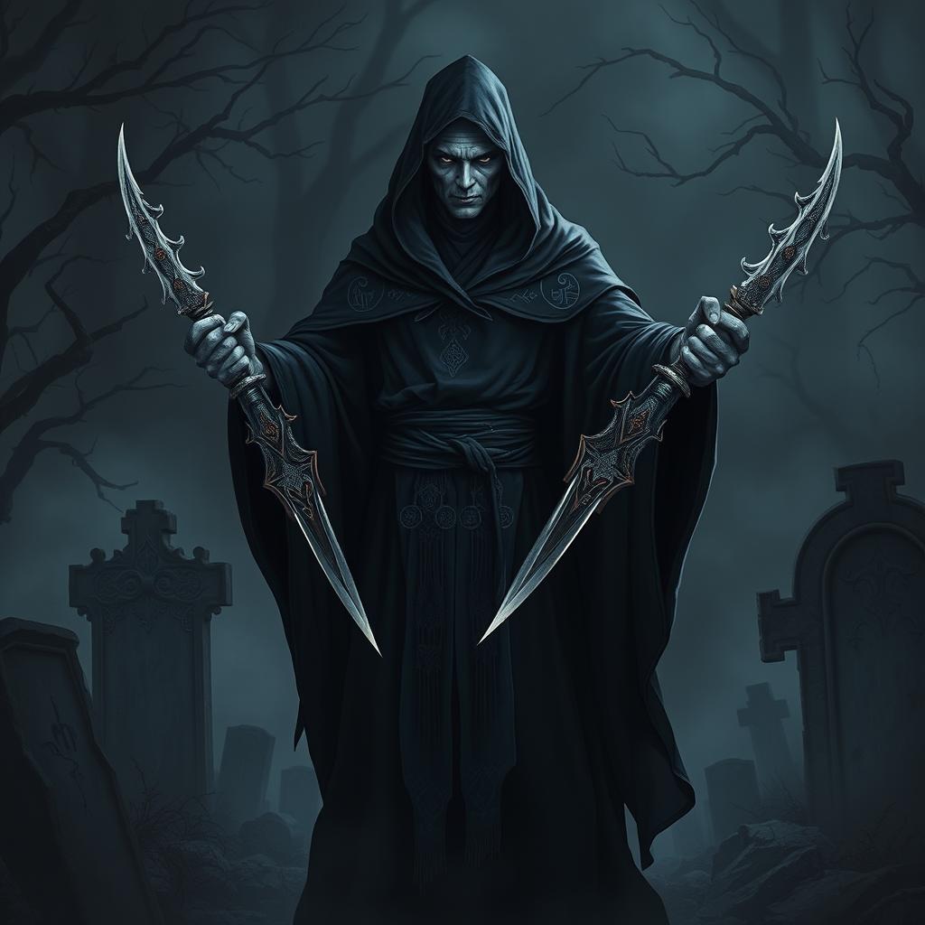 A dark and enigmatic necromancer standing in a shadowy setting, wielding a pair of intricately designed daggers that seem to shimmer with an otherworldly energy